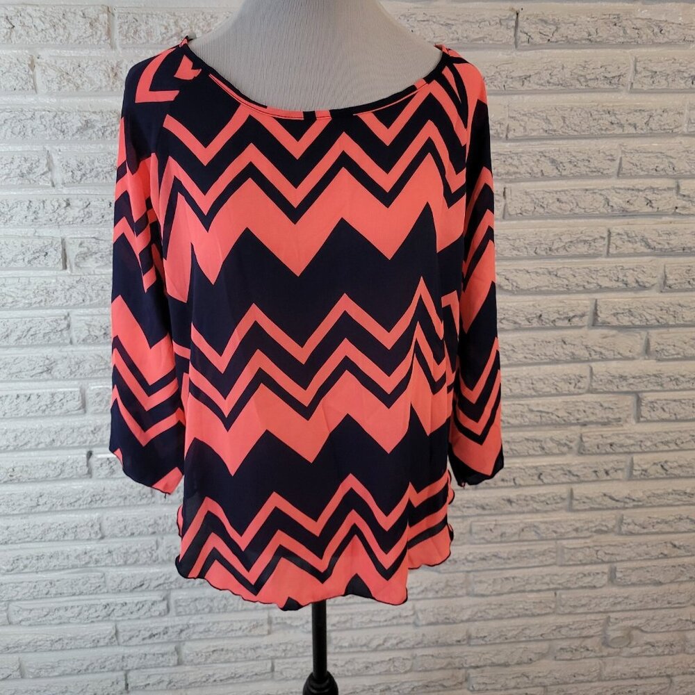 Absolute Angel Women XL Top Pink Blue Zig Zag Boat Neck Long Sleeve GEO14E